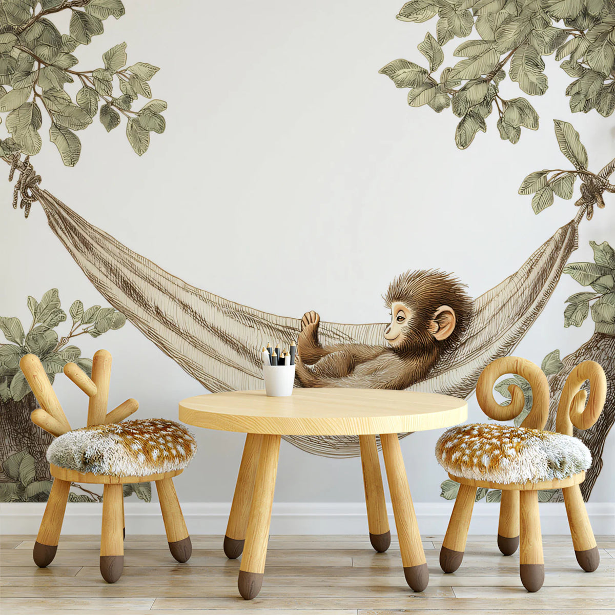 Resting Monkey in Hammock Mural Wallpaper — Whimsical Sketch Style Mural Wallpaper - pure wallpaper artwork
