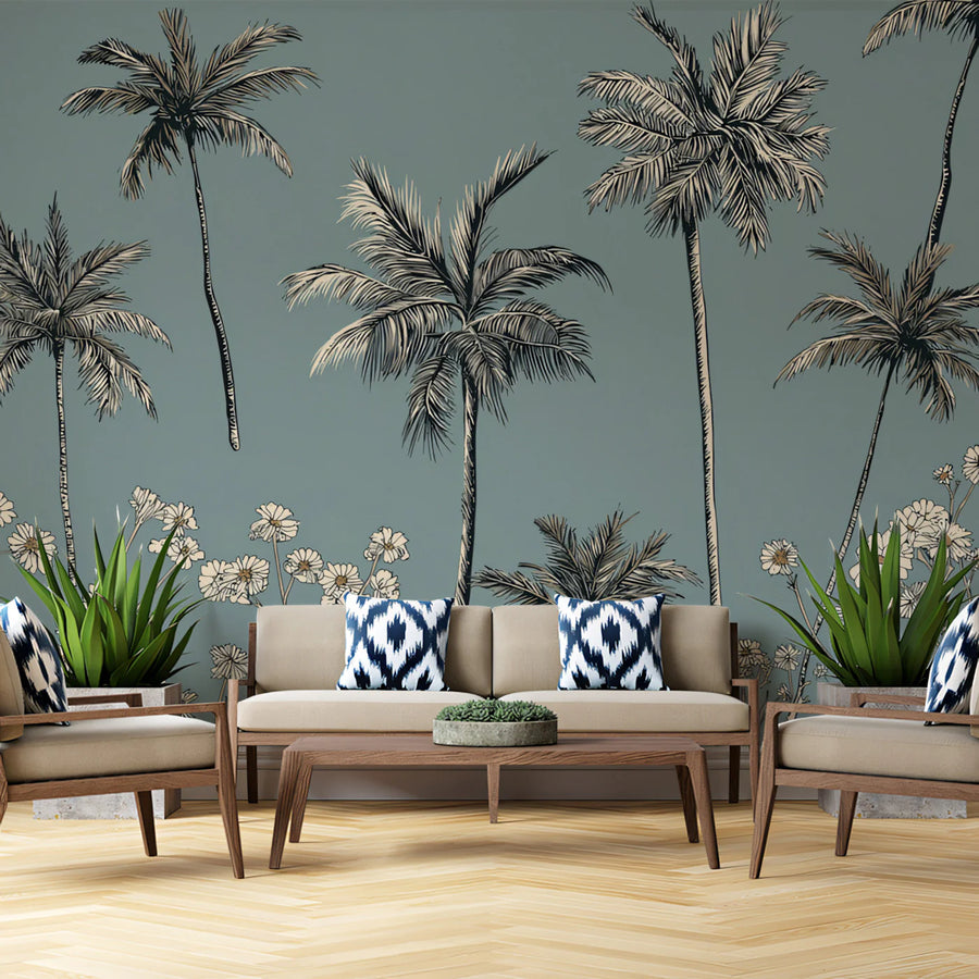 Palm Tree and Daisy Line Art Mural Wallpaper — Coastal Modern Mural Wallpaper