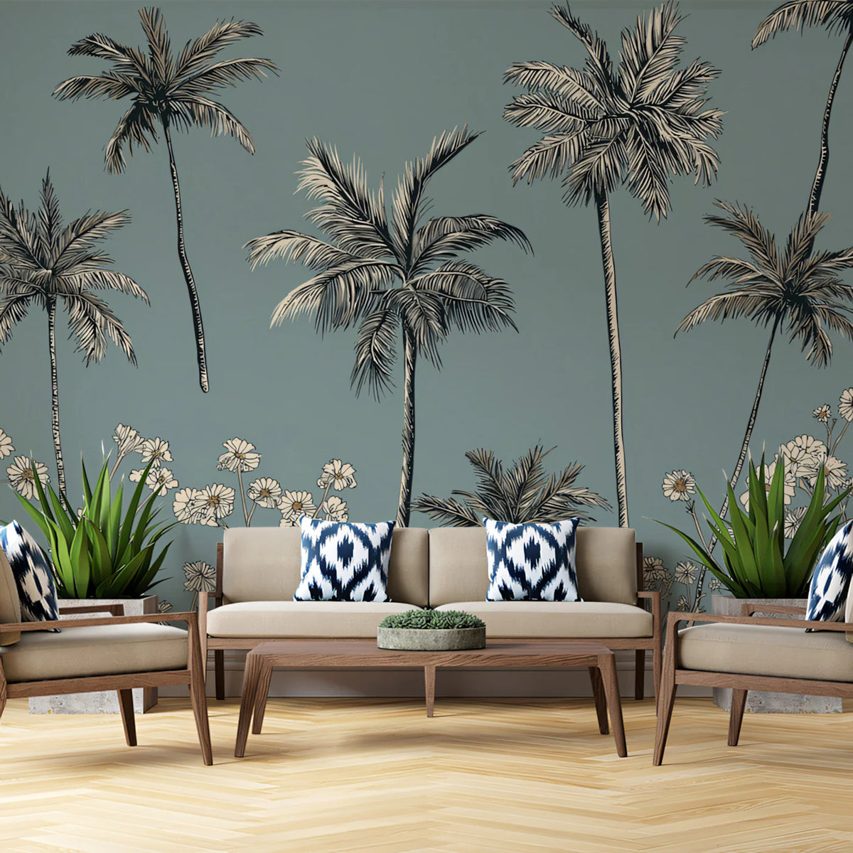 Palm Tree and Daisy Line Art Mural Wallpaper — Coastal Modern Mural Wallpaper - pure wallpaper artwork