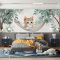 Kitten in Hammock Mural Wallpaper — Whimsical Watercolor Illustration Mural Wallpaper - pure wallpaper artwork