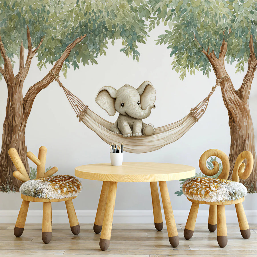 Baby Elephant in Hammock Mural Wallpaper — Whimsical Forest Scene Mural Wallpaper