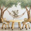 Baby Elephant in Hammock Mural Wallpaper — Whimsical Forest Scene Mural Wallpaper - pure wallpaper artwork