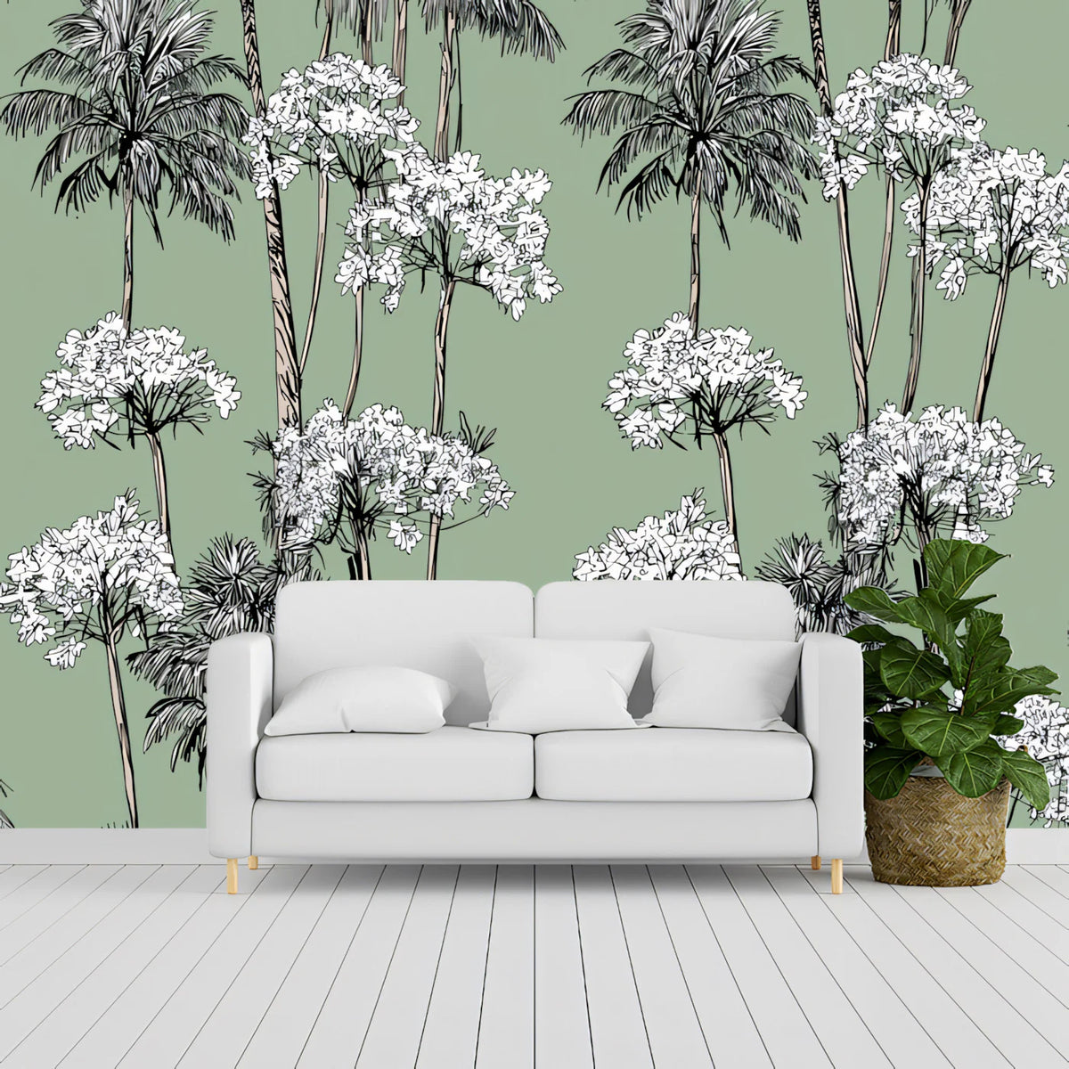Sage Green Tropical Palm Mural Wallpaper — Minimalist Line Art Mural Wallpaper - pure wallpaper artwork
