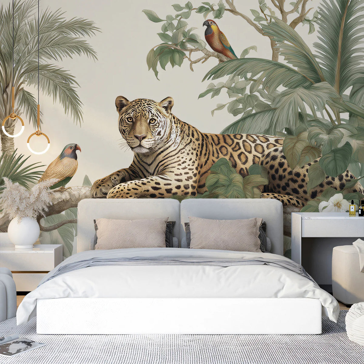 Leopard in Tropical Foliage Mural Wallpaper — Vintage Safari Art Mural Wallpaper - pure wallpaper artwork