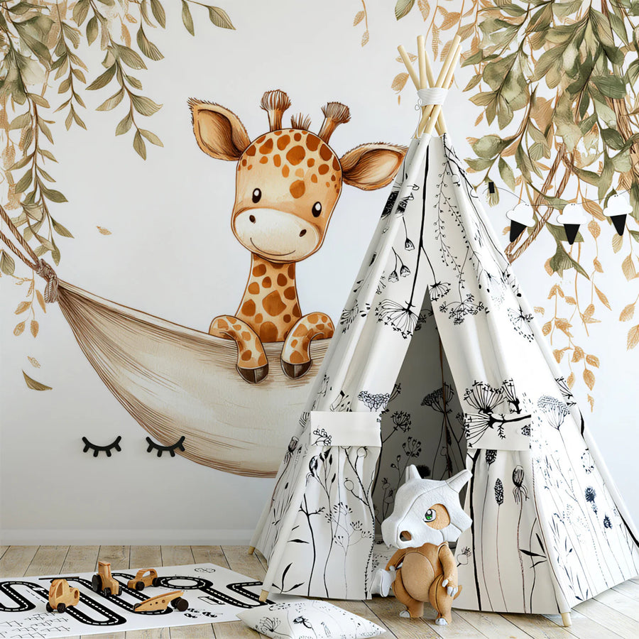 Baby Giraffe in Hammock Mural Wallpaper — Whimsical Safari Art Mural Wallpaper