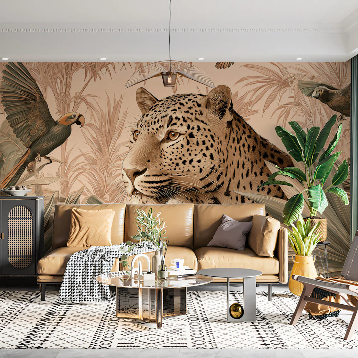 Leopard and Tropical Birds Mural Wallpaper — Monochrome Safari Mural Wallpaper - pure wallpaper artwork