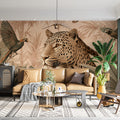 Leopard and Tropical Birds Mural Wallpaper — Monochrome Safari Mural Wallpaper - pure wallpaper artwork