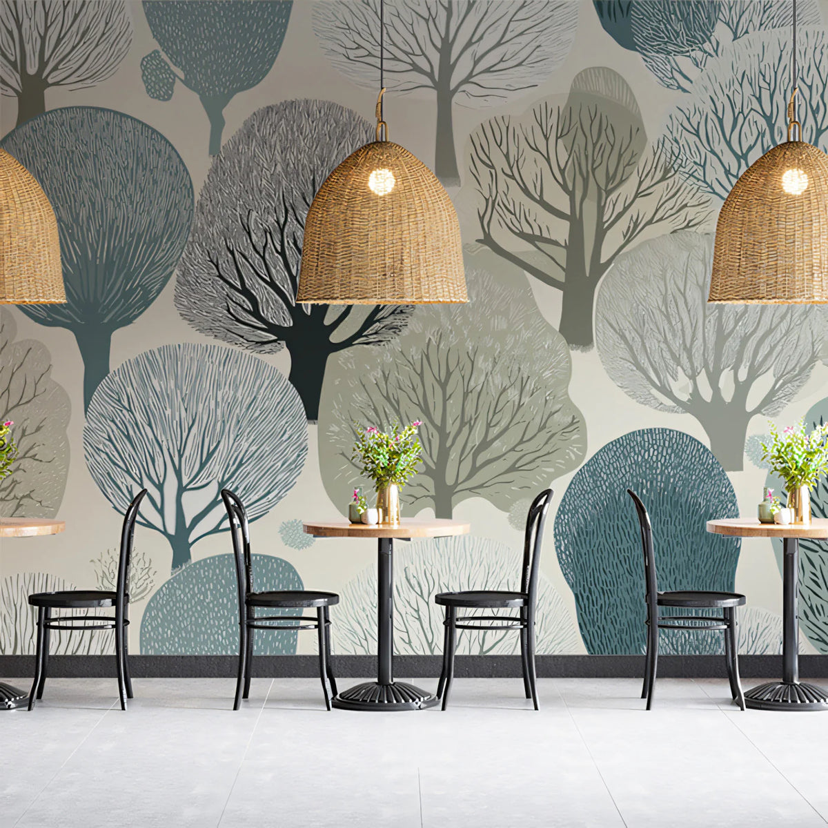 Scandinavian Woodland Mural Wallpaper — Stylized Forest Landscape Mural Wallpaper - pure wallpaper artwork