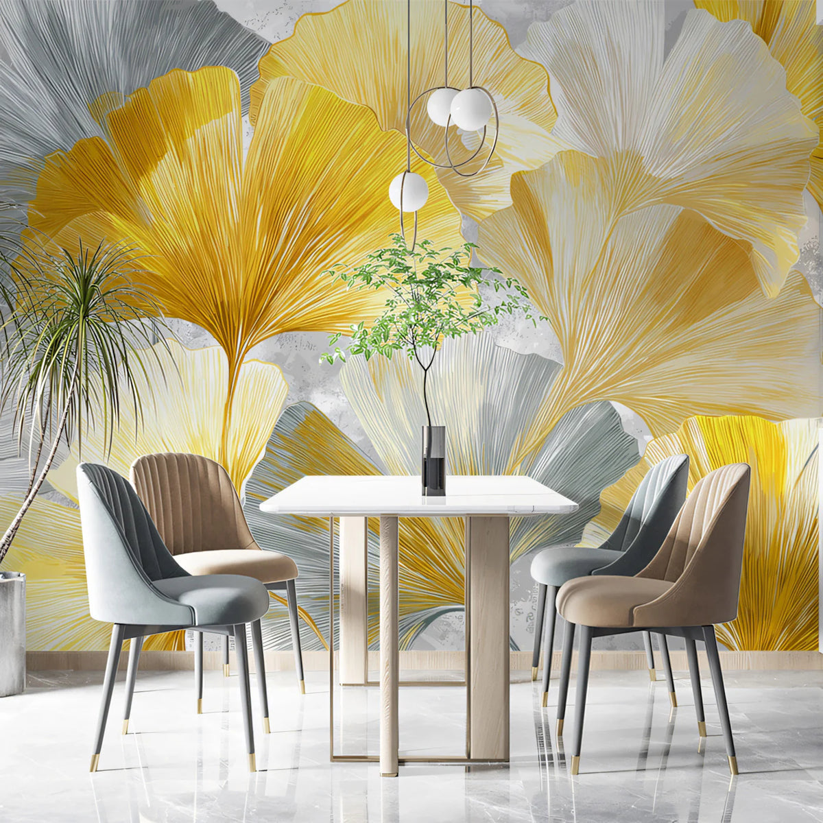 Ginkgo Leaf Mural Wallpaper — Metallic Gold and Grey Art Mural Wallpaper - pure wallpaper artwork