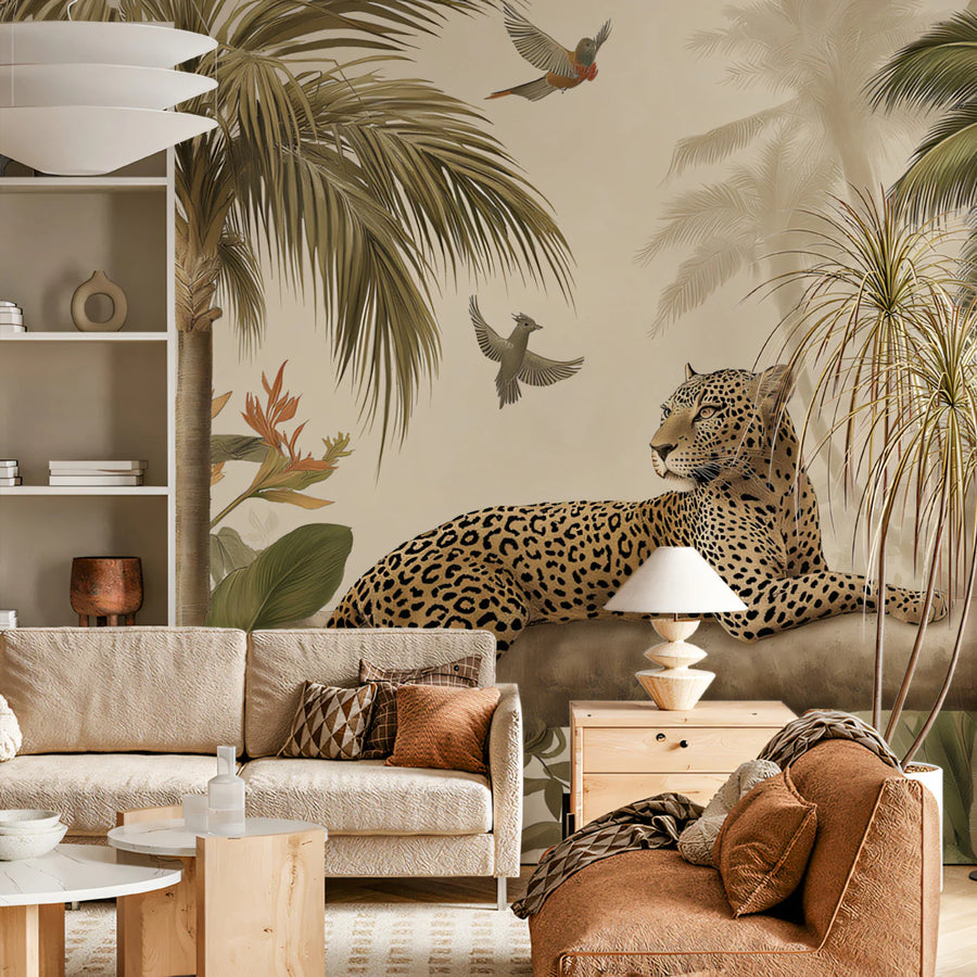 Leopard in Tropical Palms Mural Wallpaper — Vintage Safari Art Mural Wallpaper