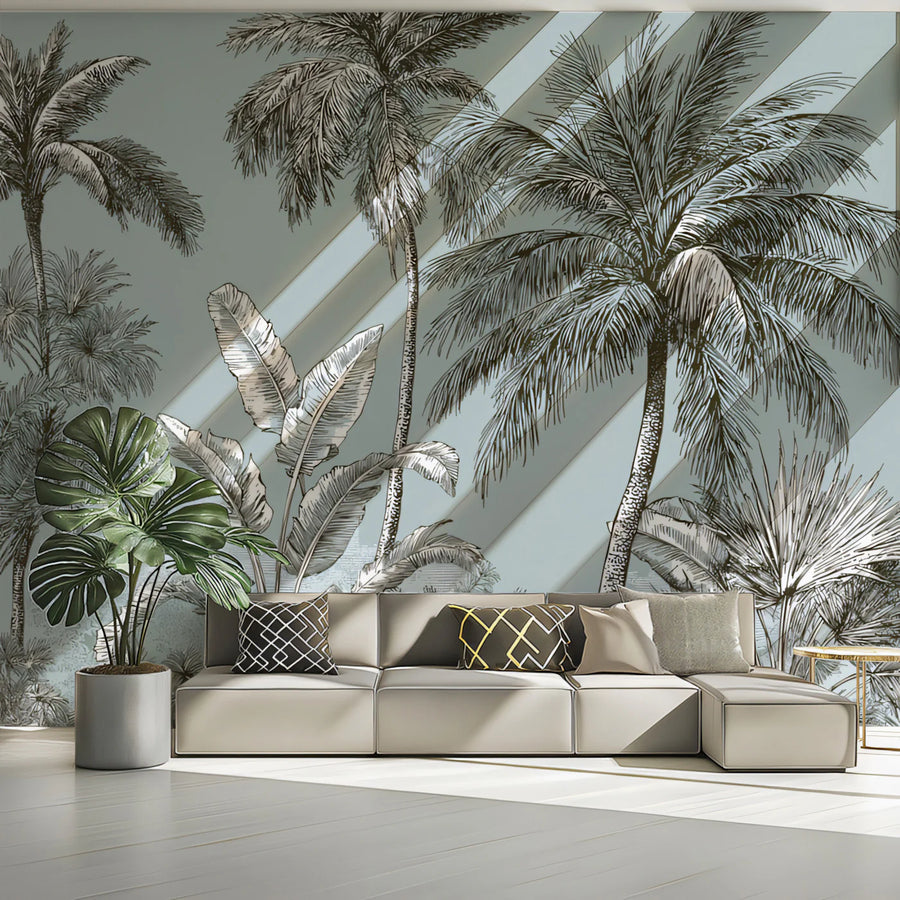 Coastal Palm Sketch Mural Wallpaper — Blue and Charcoal Line Art Mural Wallpaper
