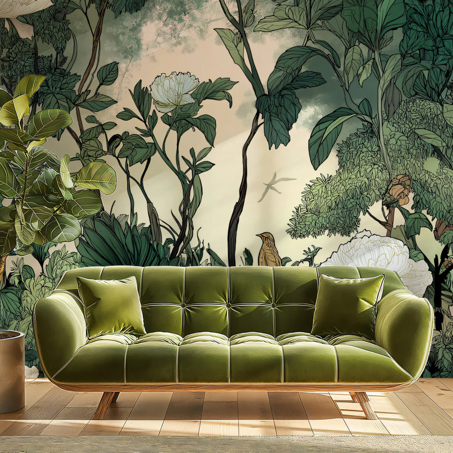 Ethereal Botanical Jungle Mural Wallpaper — Soft Nature Scene Mural Wallpaper