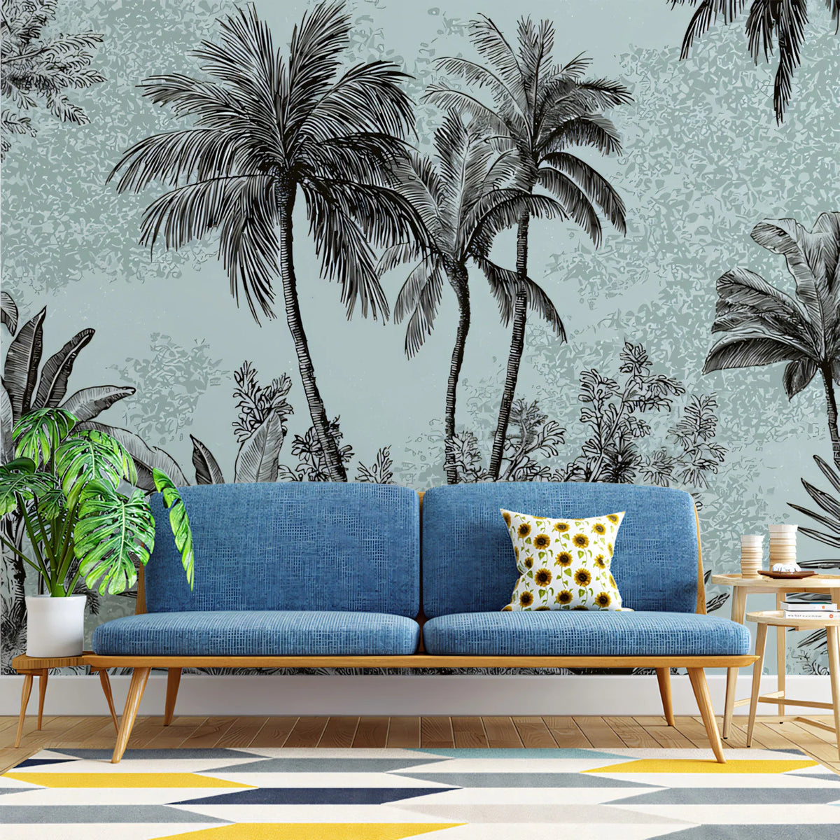 Monochrome Palm Forest Mural Wallpaper — Botanical Line Art Mural Wallpaper - pure wallpaper artwork