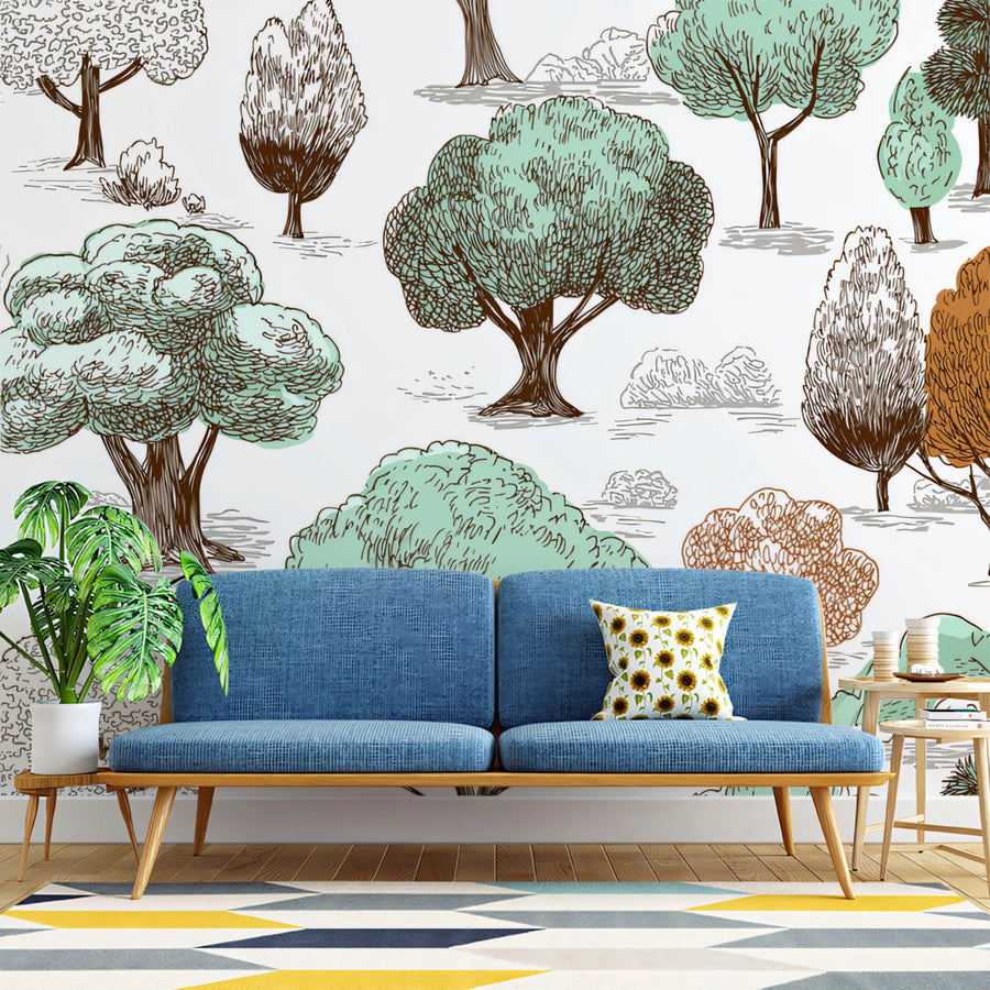 Hand-Drawn Woodland Mural Wallpaper — Whimsical Sketch Pattern Mural Wallpaper