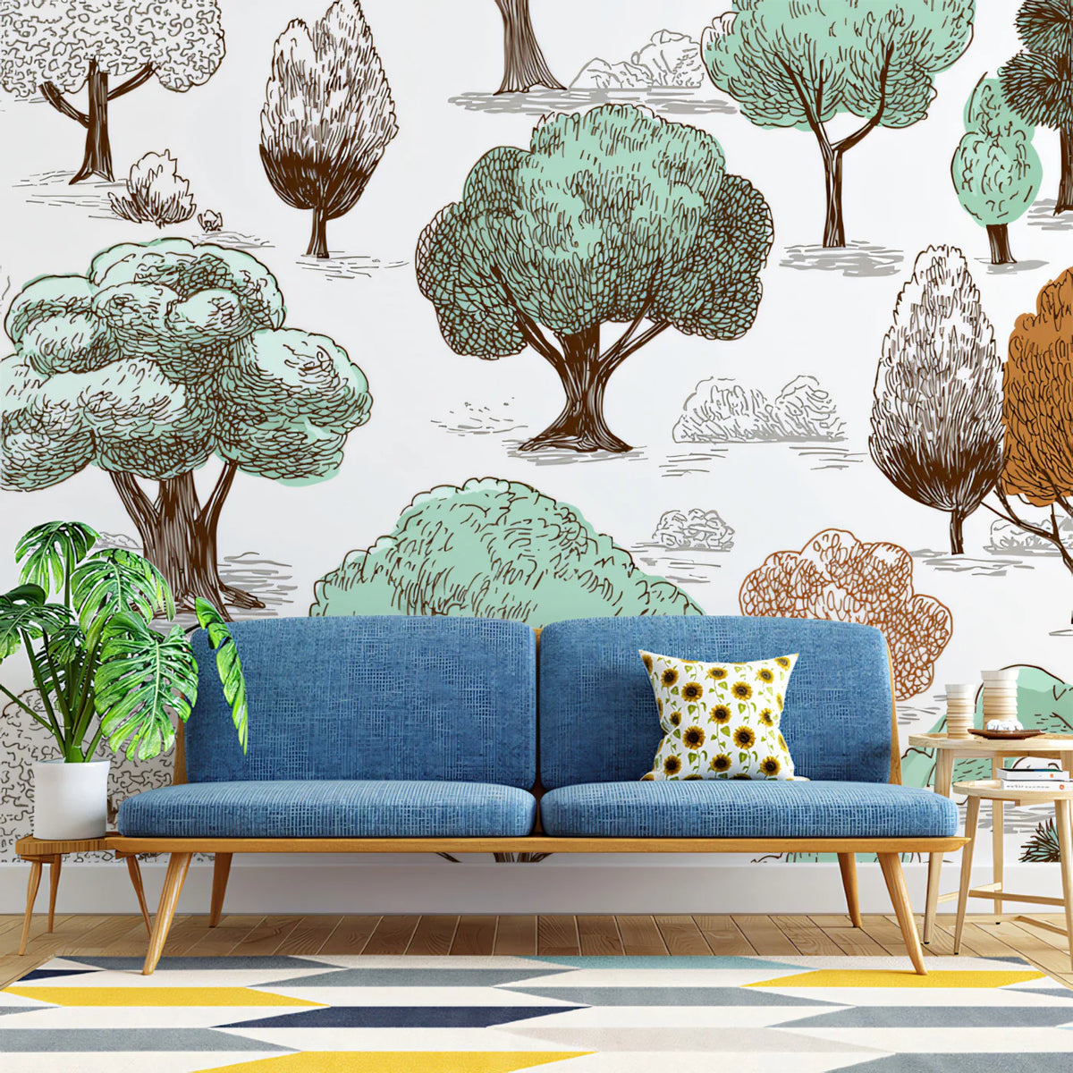Hand-Drawn Woodland Mural Wallpaper — Whimsical Sketch Pattern Mural Wallpaper - pure wallpaper artwork
