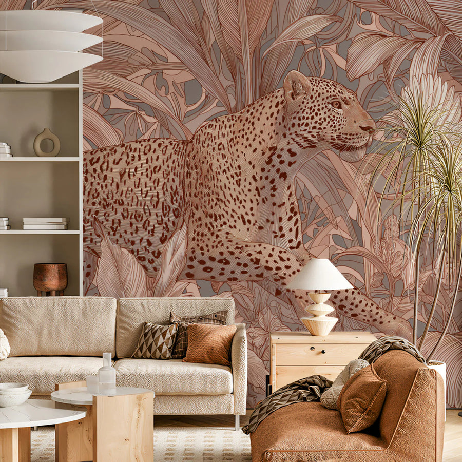 Leopard and Exotic Birds Mural Wallpaper — Soft Monochromatic Safari Mural Wallpaper