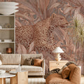 Leopard and Exotic Birds Mural Wallpaper — Soft Monochromatic Safari Mural Wallpaper - pure wallpaper artwork