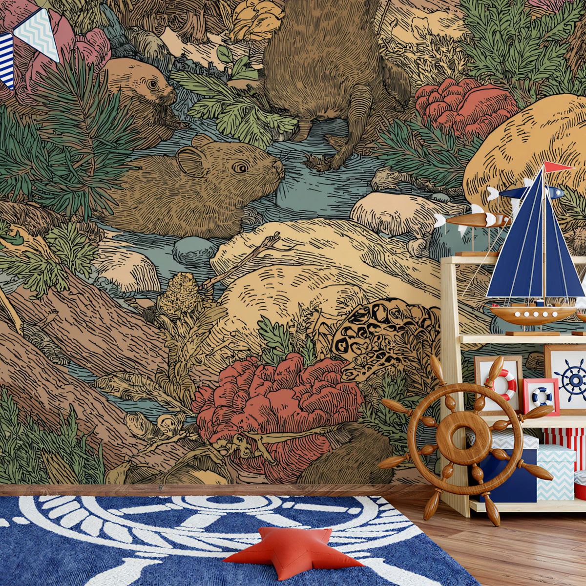 Woodland Creek Illustration Mural Wallpaper —Whimsical Forest Fauna Mural Wallpaper - pure wallpaper artwork