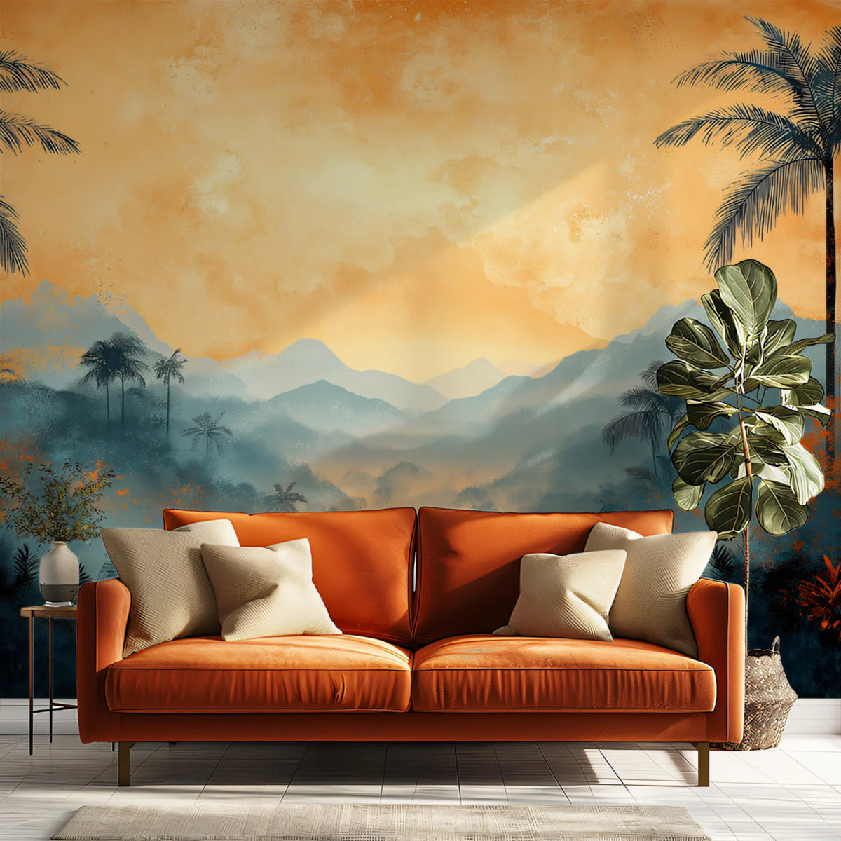 Misty Tropical Mountain Landscape Mural Wallpaper Ethereal Sunset Art Mural Wallpaper - pure wallpaper artwork