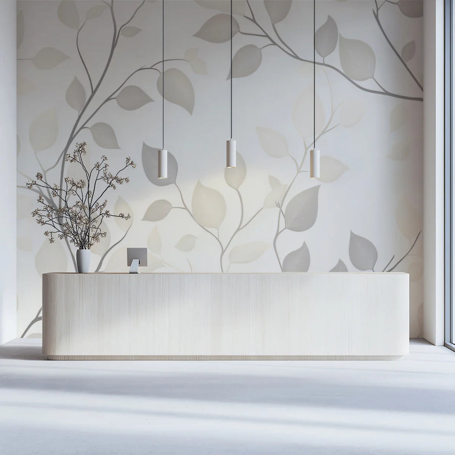 Minimalist Fine Line Leaf Mural Wallpaper — Neutral Sketch Design Mural Wallpaper