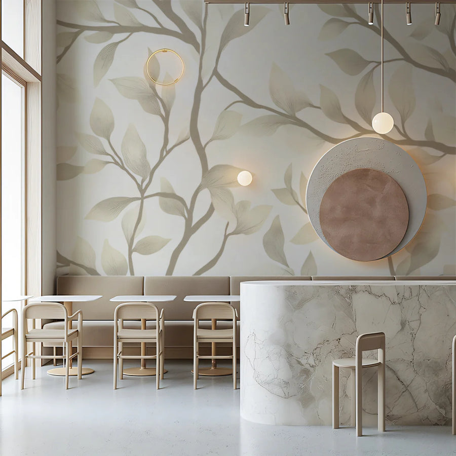 Minimalist Botanical Branch Mural Wallpaper — Cream and Taupe Mural Wallpaper