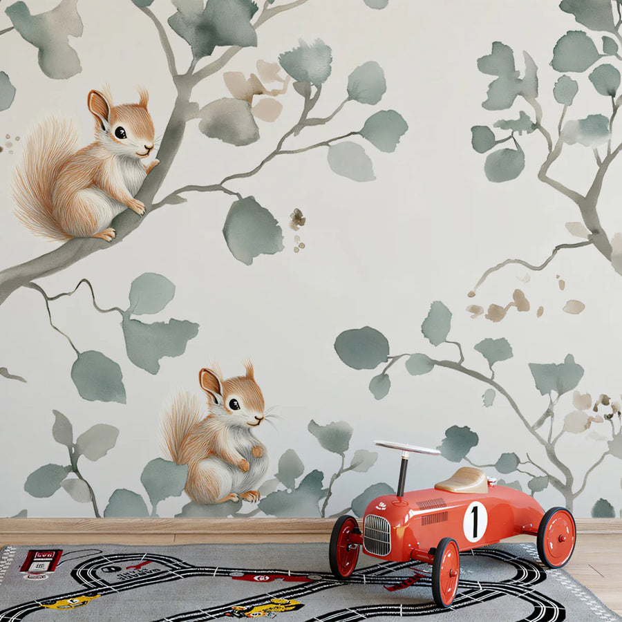 Squirrel and Branch Mural Wallpaper — Whimsical Watercolor Art Mural Wallpaper