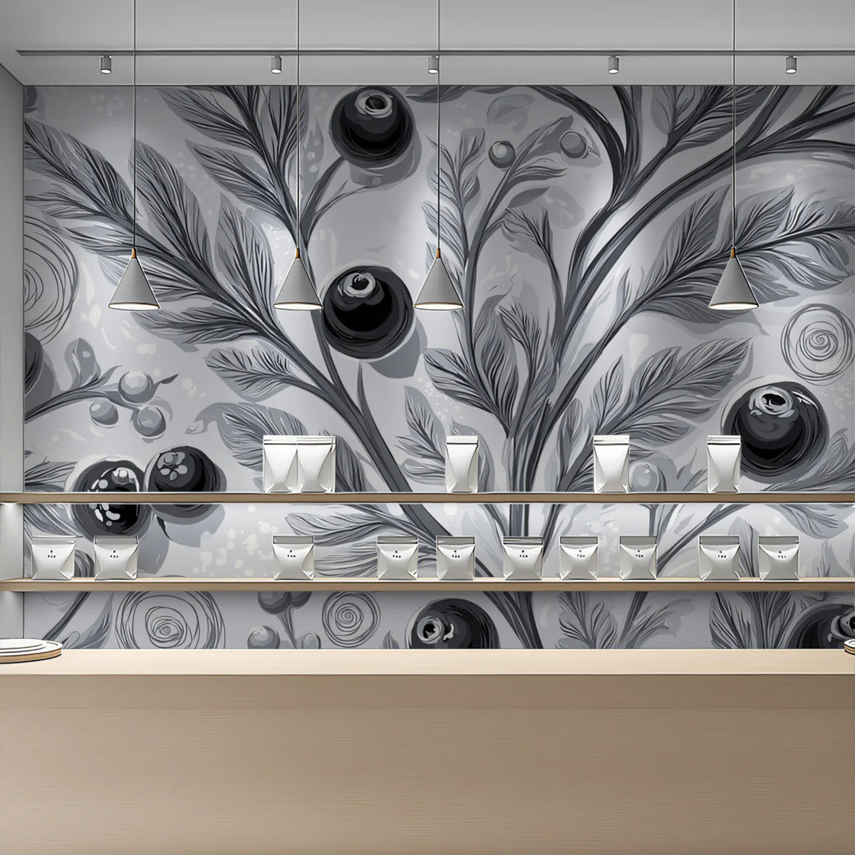 Monochrome Berry Branch Mural Wallpaper — Artistic Botanical Mural Wallpaper - pure wallpaper artwork