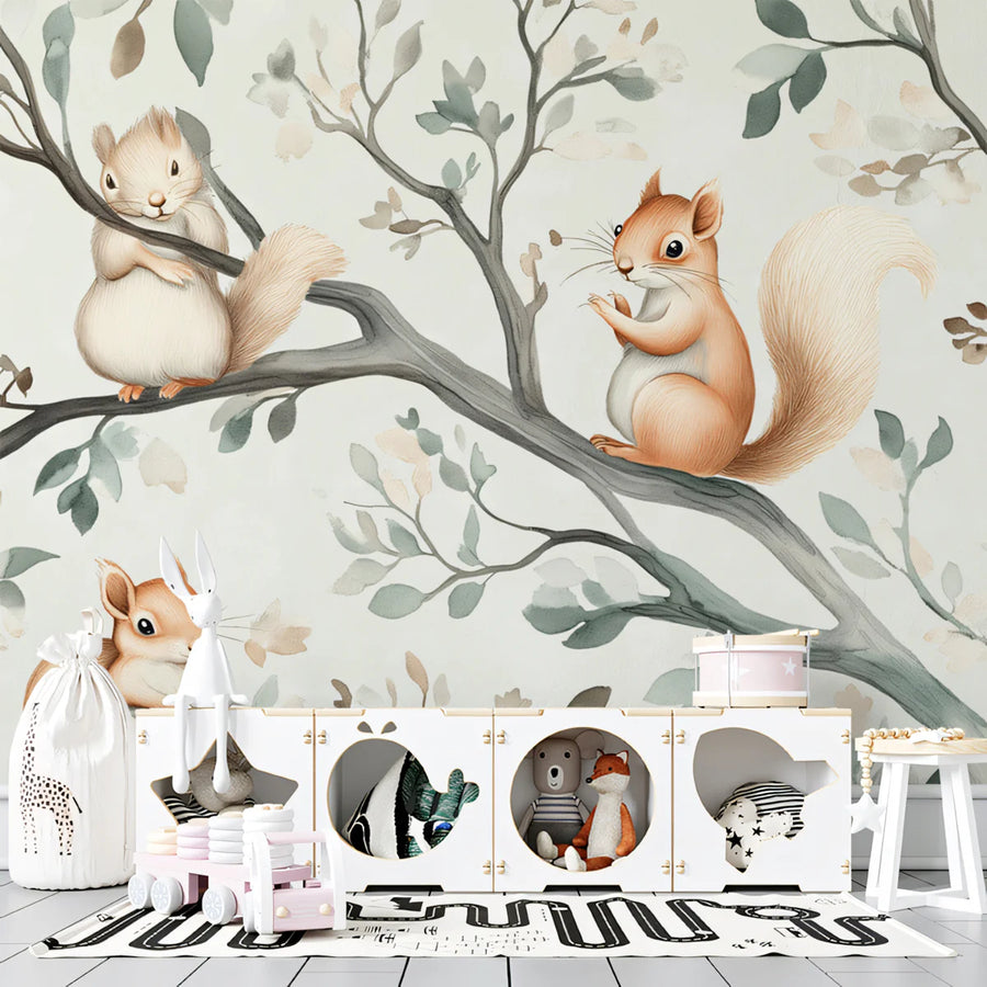 Rustic Woodland Squirrels Mural Wallpaper — Whimsical Nature Scene Mural Wallpaper