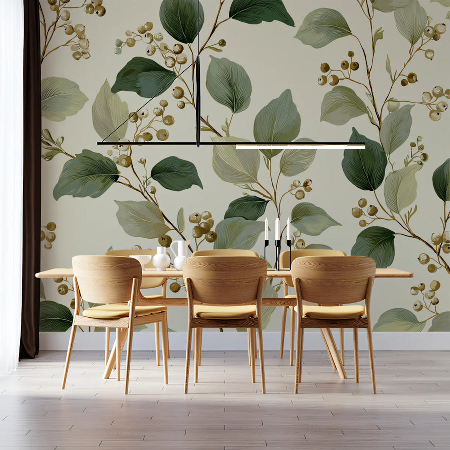 Eucalyptus & Berry Vine Mural Wallpaper — Botanical Art Pattern Mural Wallpaper