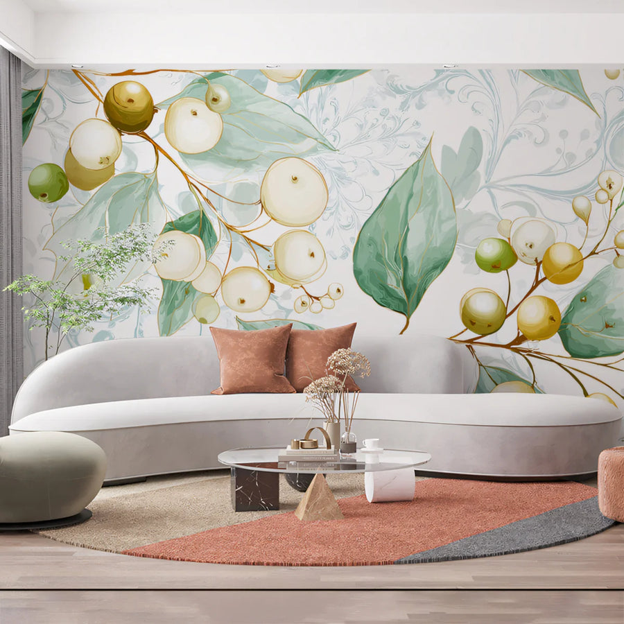 Luminous Berry & Leaf Mural Wallpaper Watercolor Botanical Art Mural Wallpaper