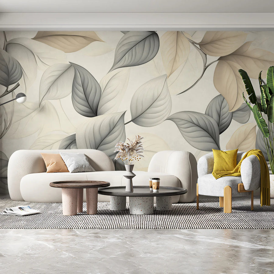 Minimalist Leaf Mural Wallpaper — Neutral Botanical Design Mural Wallpaper