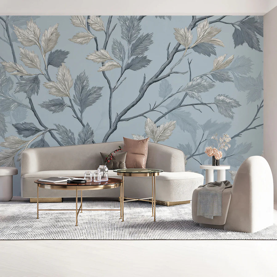 Whispering Branches Mural Wallpaper — Soft Blue Botanical Art Mural Wallpaper