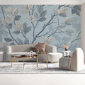 Whispering Branches Mural Wallpaper — Soft Blue Botanical Art Mural Wallpaper - pure wallpaper artwork