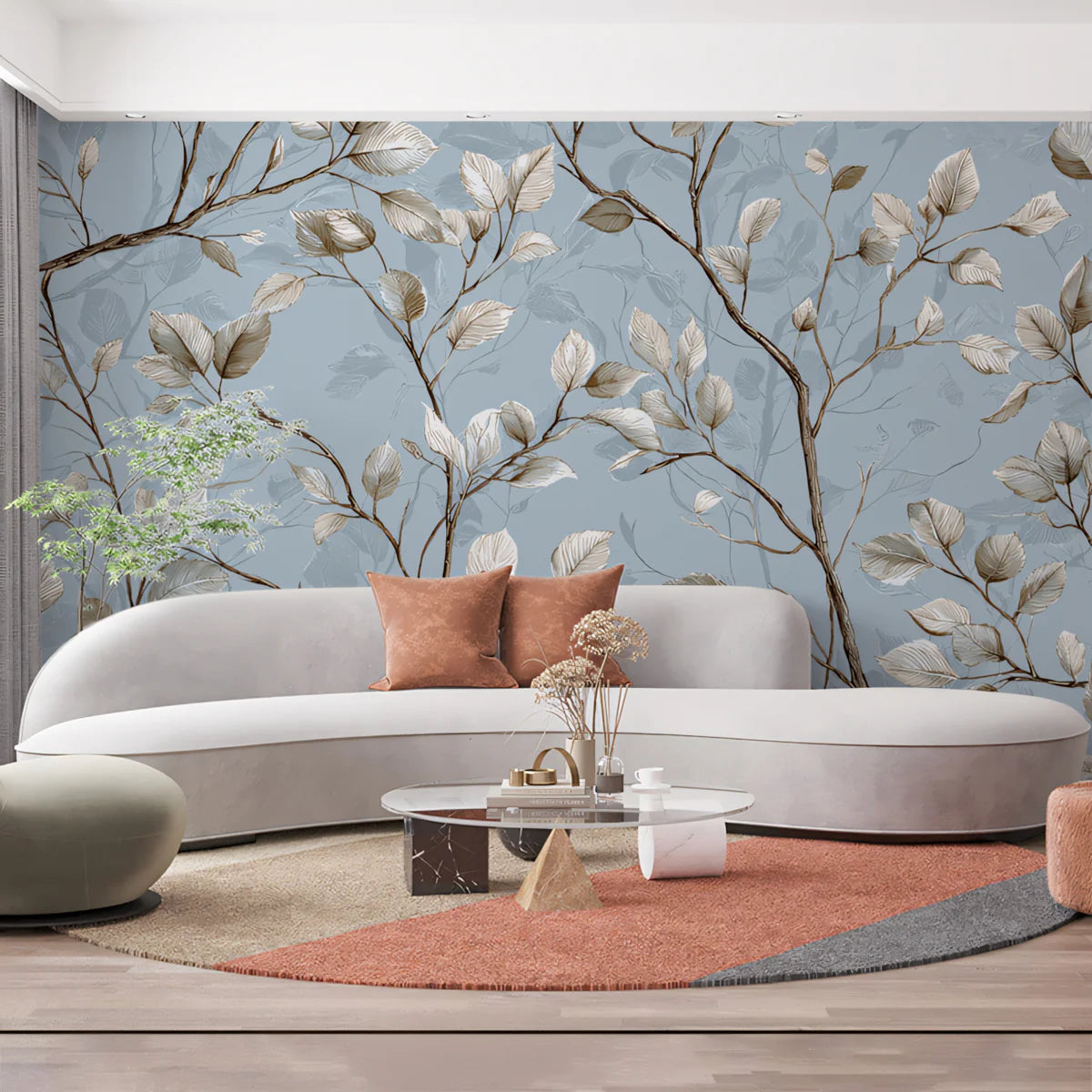 Minimalist Twig and Leaf Mural Wallpaper in Powder Blue Mural Wallpaper - pure wallpaper artwork