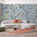 Minimalist Twig and Leaf Mural Wallpaper in Powder Blue Mural Wallpaper - pure wallpaper artwork