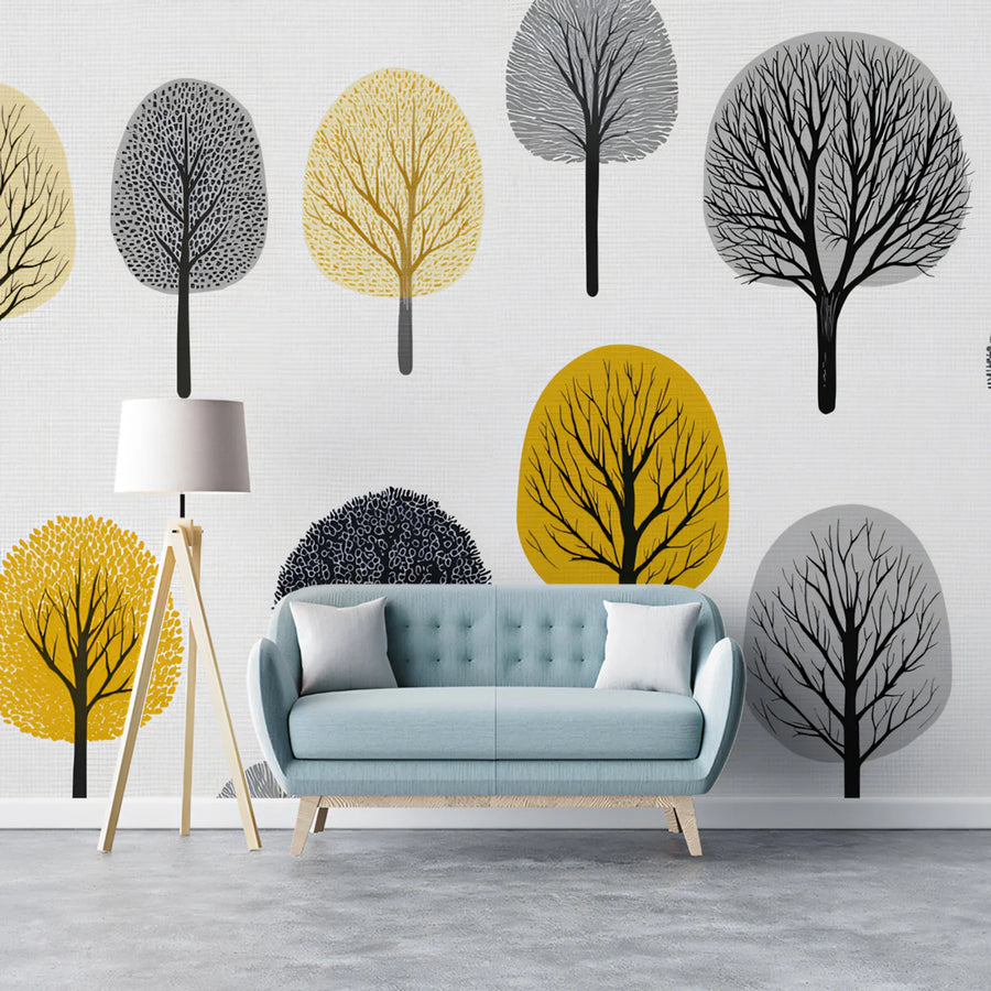 Autumn Grove Mural Wallpaper — Modern Mid-Century Tree Pattern Mural Wallpaper