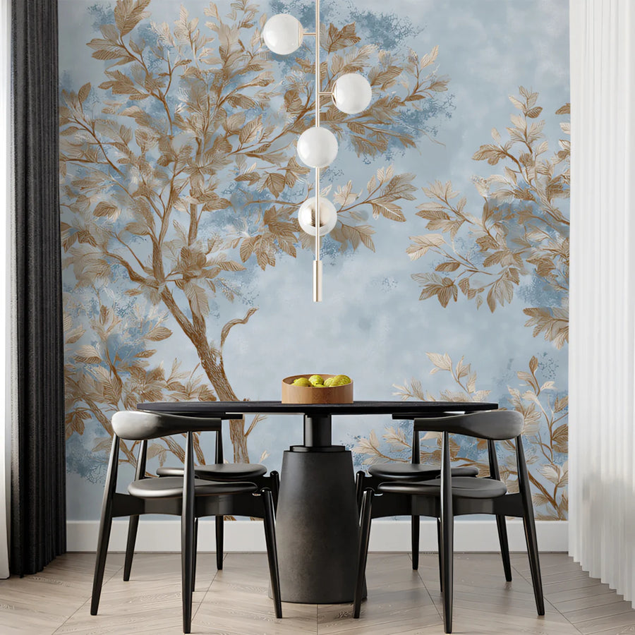 Autumn Canopy Mural Wallpaper — Hazy Blue and Bronze Tree Design Mural Wallpaper