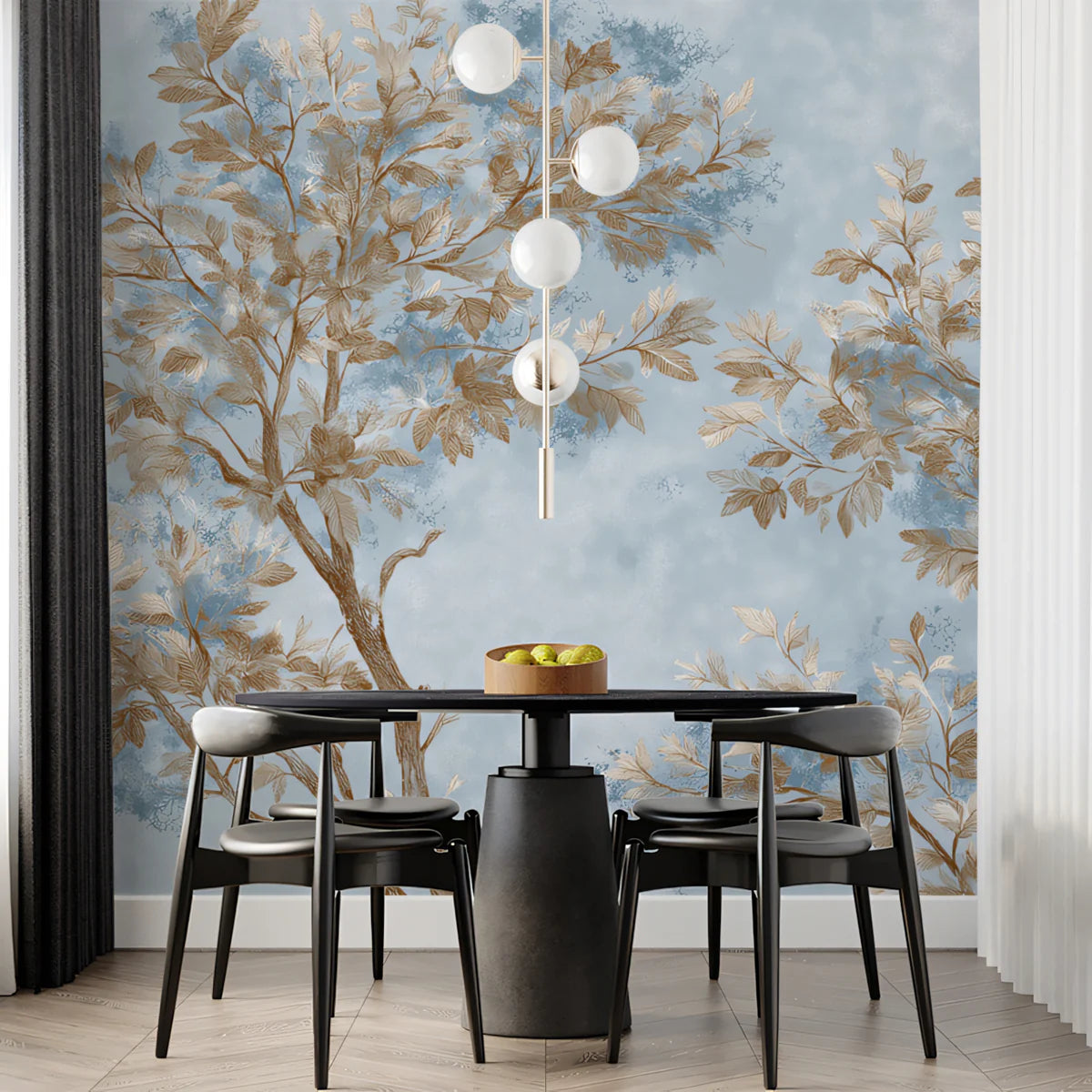 Autumn Canopy Mural Wallpaper — Hazy Blue and Bronze Tree Design Mural Wallpaper - pure wallpaper artwork