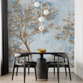 Autumn Canopy Mural Wallpaper — Hazy Blue and Bronze Tree Design Mural Wallpaper - pure wallpaper artwork