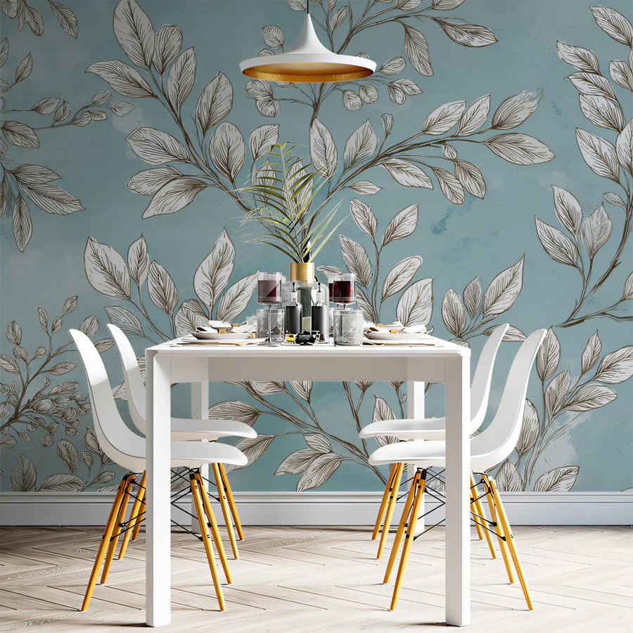 Watercolor Leaf Branch Mural Wallpaper — Sketch Botanical Print Mural Wallpaper