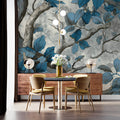 Blue Forest Etching Mural Wallpaper — Moody Botanical Art Mural Wallpaper - pure wallpaper artwork