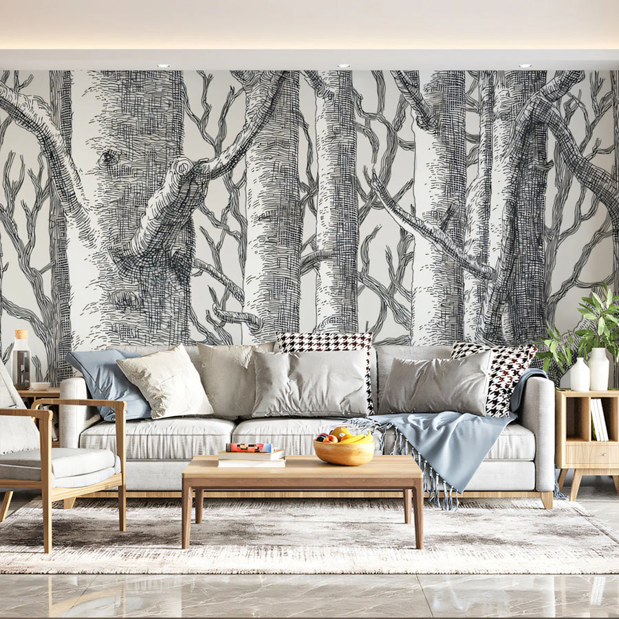 Graphic Birch Forest Mural Wallpaper — Detailed Sketch Design Mural Wallpaper