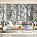Graphic Birch Forest Mural Wallpaper — Detailed Sketch Design Mural Wallpaper - pure wallpaper artwork