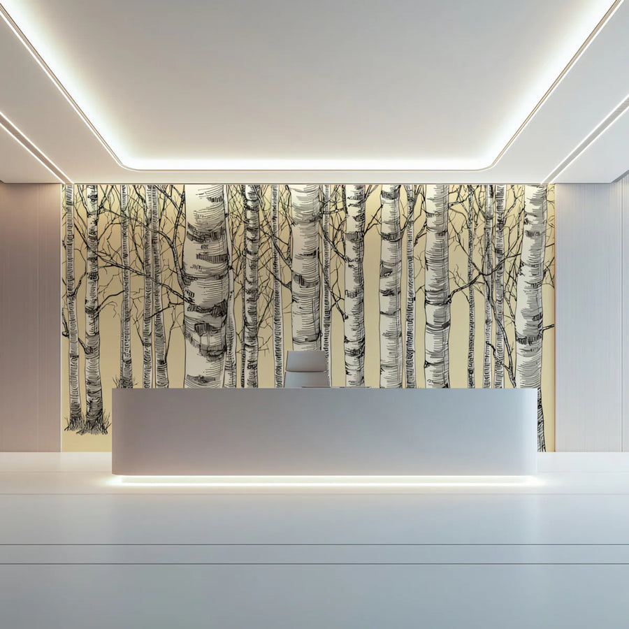 Vintage Birch Forest Mural Wallpaper — Sketch Style Woodland Mural Wallpaper