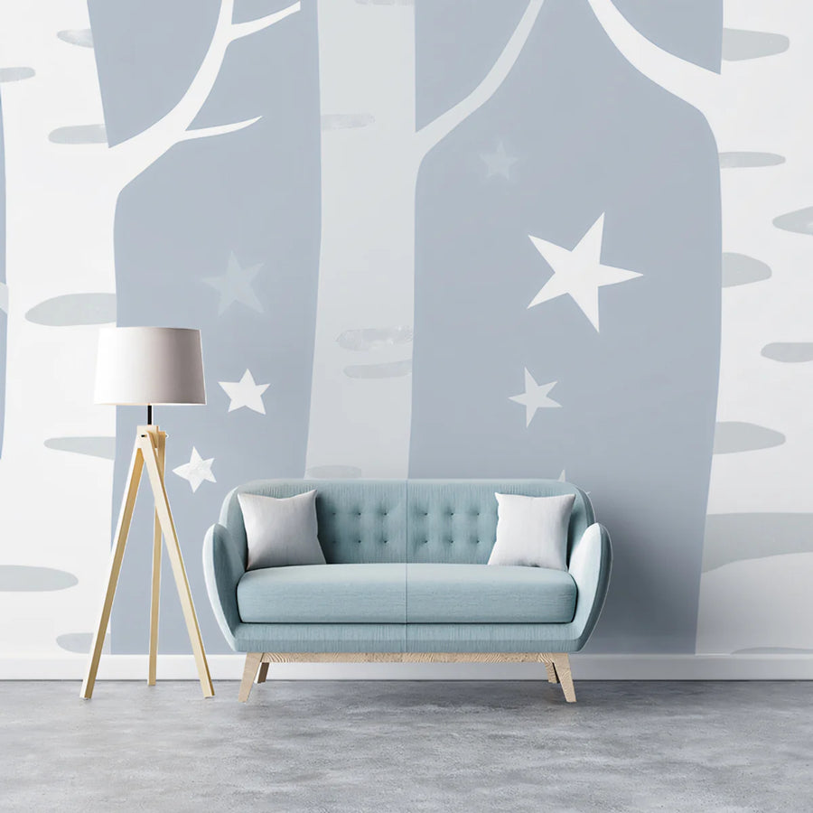 Starry Birch Forest Mural Wallpaper — Scandinavian Minimalist Mural Wallpaper
