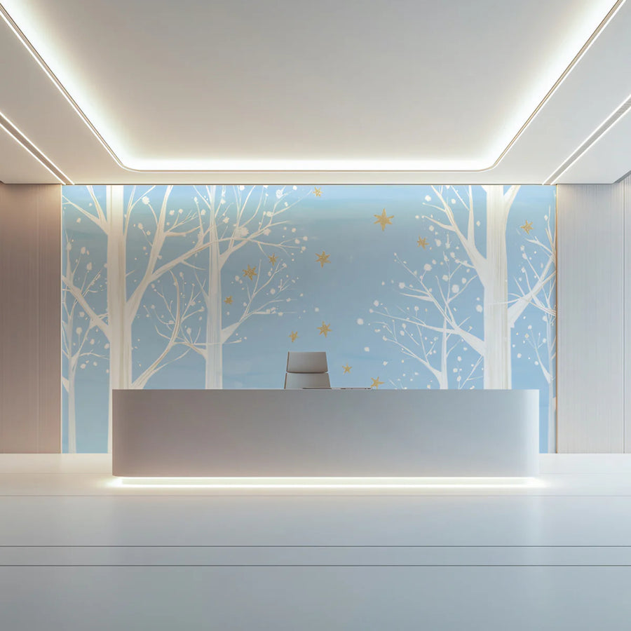 Winter Birch Forest Mural Wallpaper in Pale Blue and Gold Mural Wallpaper
