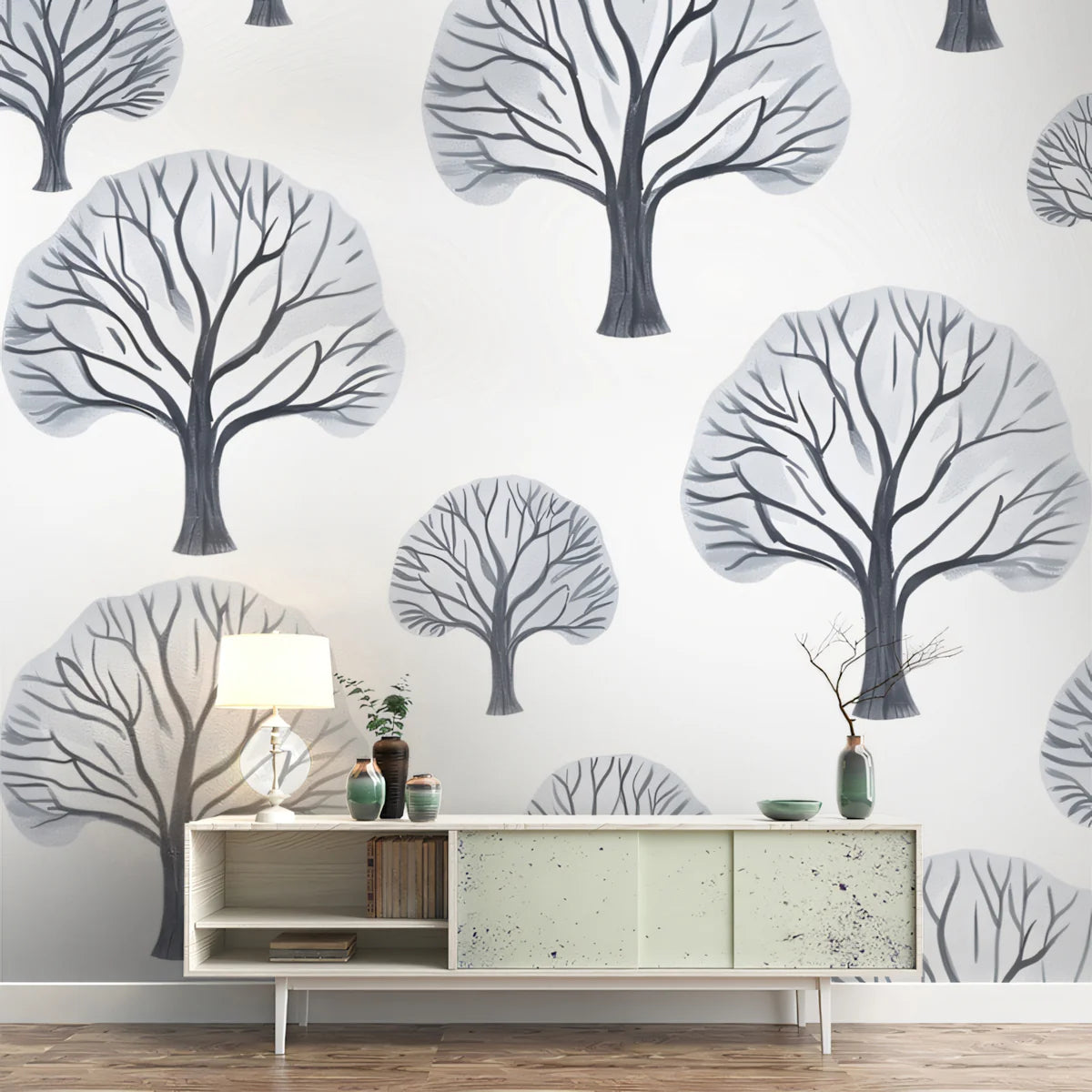 Winter Forest Mural Wallpaper — Whimsical Charcoal and White Tree Art Mural Wallpaper - pure wallpaper artwork