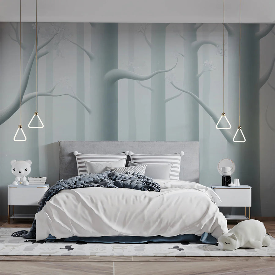 Mist-Covered Woodland Mural Wallpaper — Ethereal Forest Design Mural Wallpaper