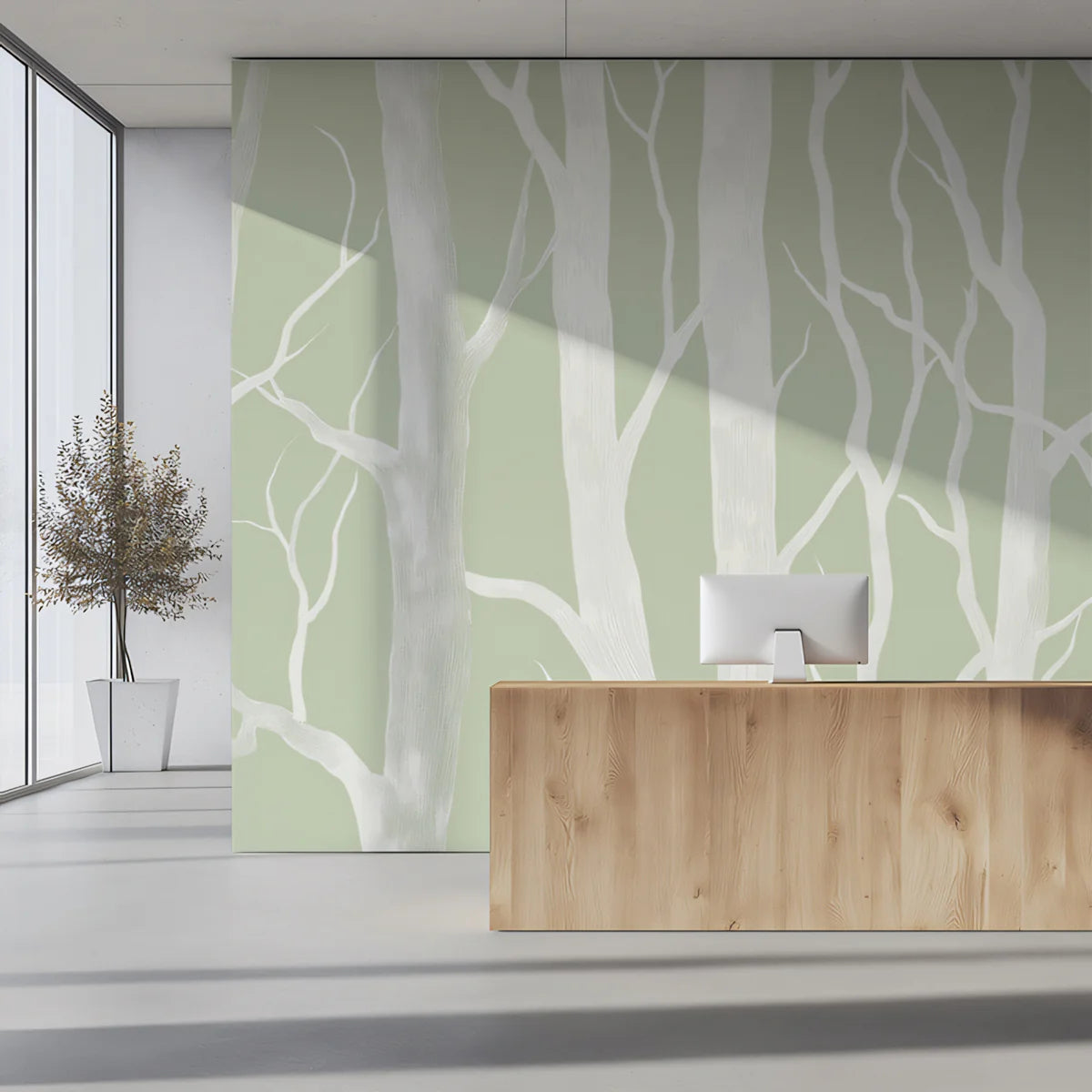 Sage Birch Tree Mural Wallpaper — Minimalist Woodland Design Mural Wallpaper - pure wallpaper artwork