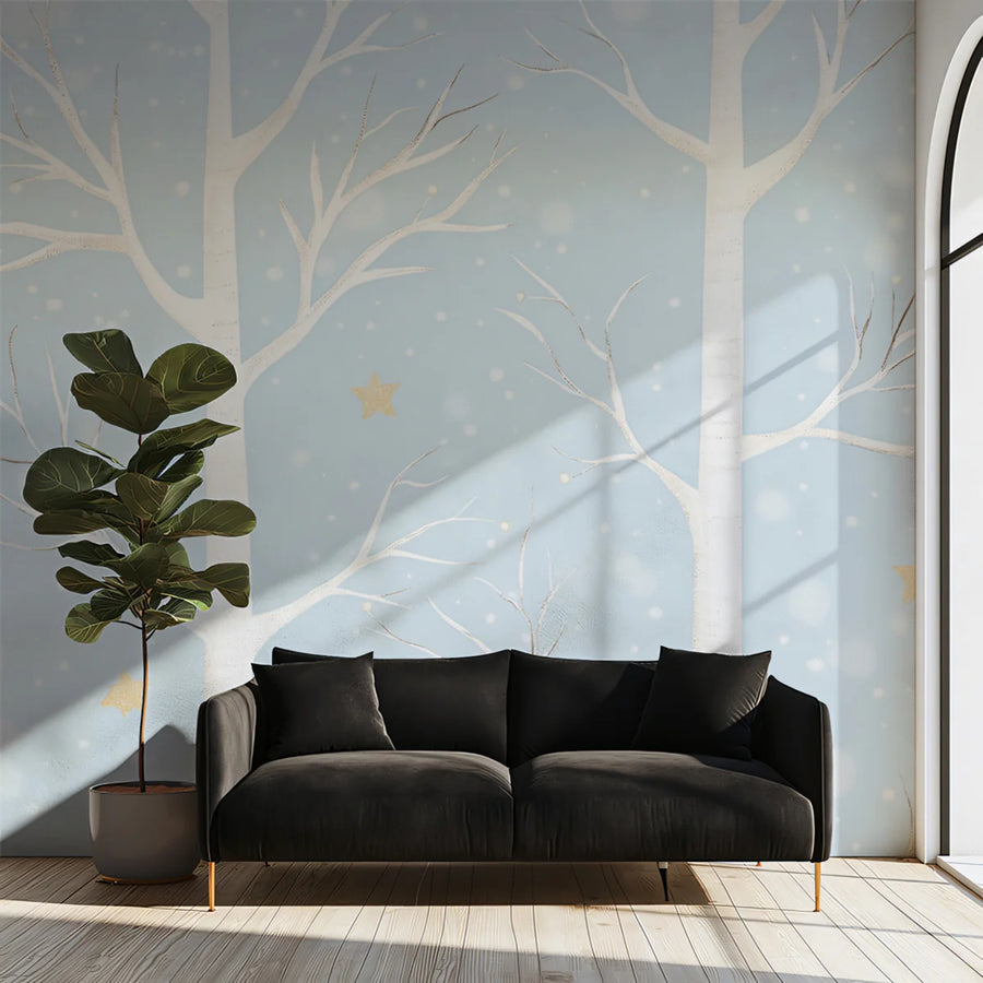 Starry Winter Forest Mural Wallpaper — Whimsical Sky Blue Mural Wallpaper